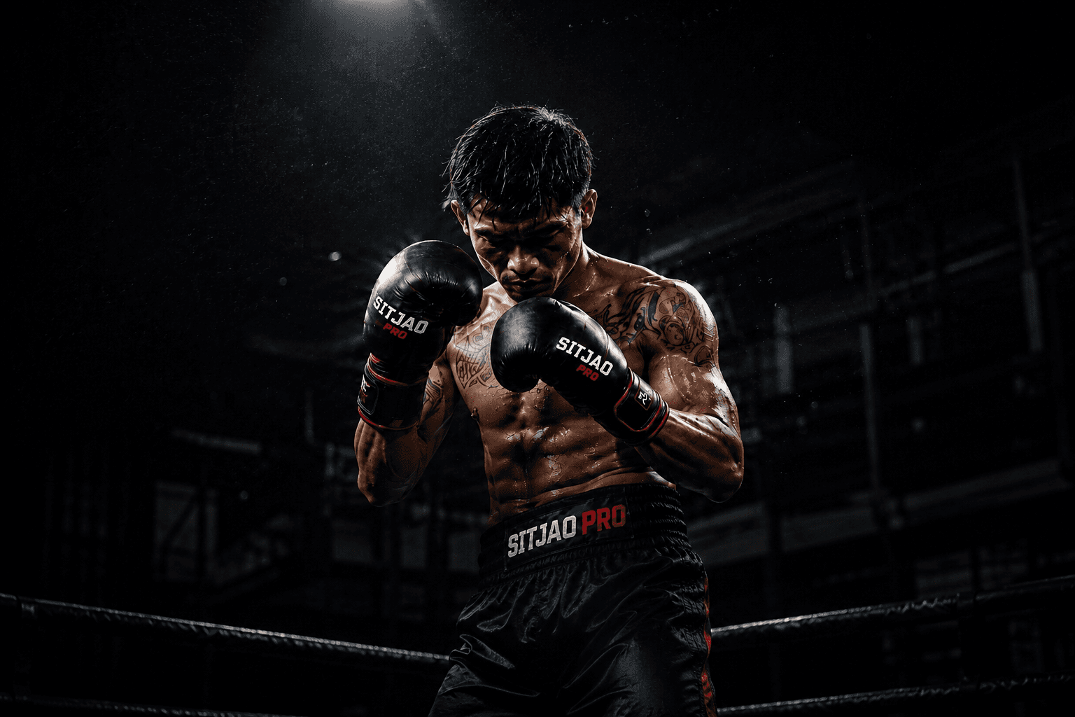 A SITJAO PRO fighter in guard position, wearing SITJAO PRO gloves and shorts